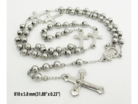 Three Tone Stainless Steel Mens Rosary Necklace 22 3/8 Inches